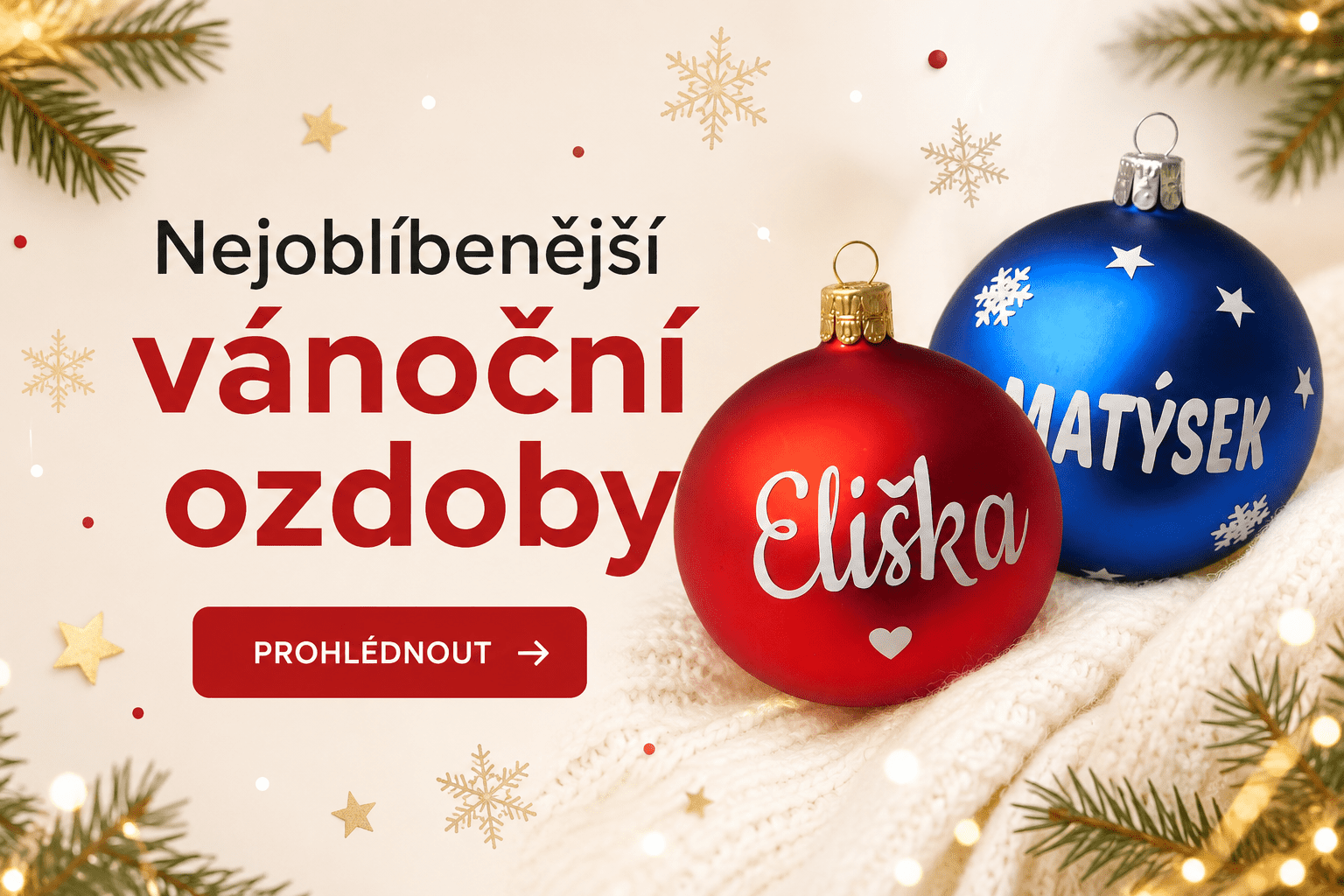 Banner na nabídku vánočních personalizovaných ozdob