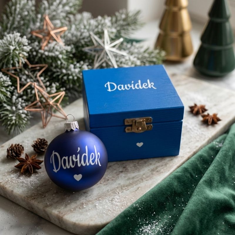 Vánoční baňka se jménem a srdíčkem modrá s krabičkou na vánočním pozadí