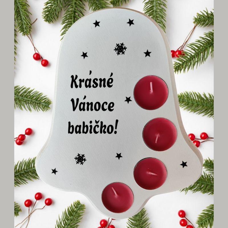 Dřevěný svícen zvonek Krásné Vánoce červené svíčky bílý pro babičku