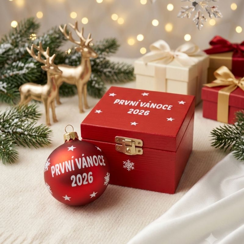 Vánoční  červená baňka s nápisem První vánoce 2026 s dárkovou krabičkou na vánočním pozadí