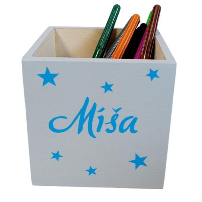 Organizér na pastelky jedna komora světle šedý/modré písmo