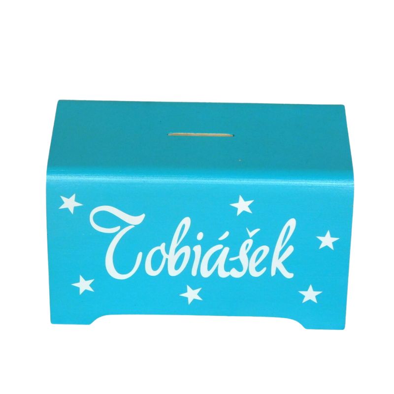 Dřevěná tyrkysová pokladnička se jménem Tobiášek