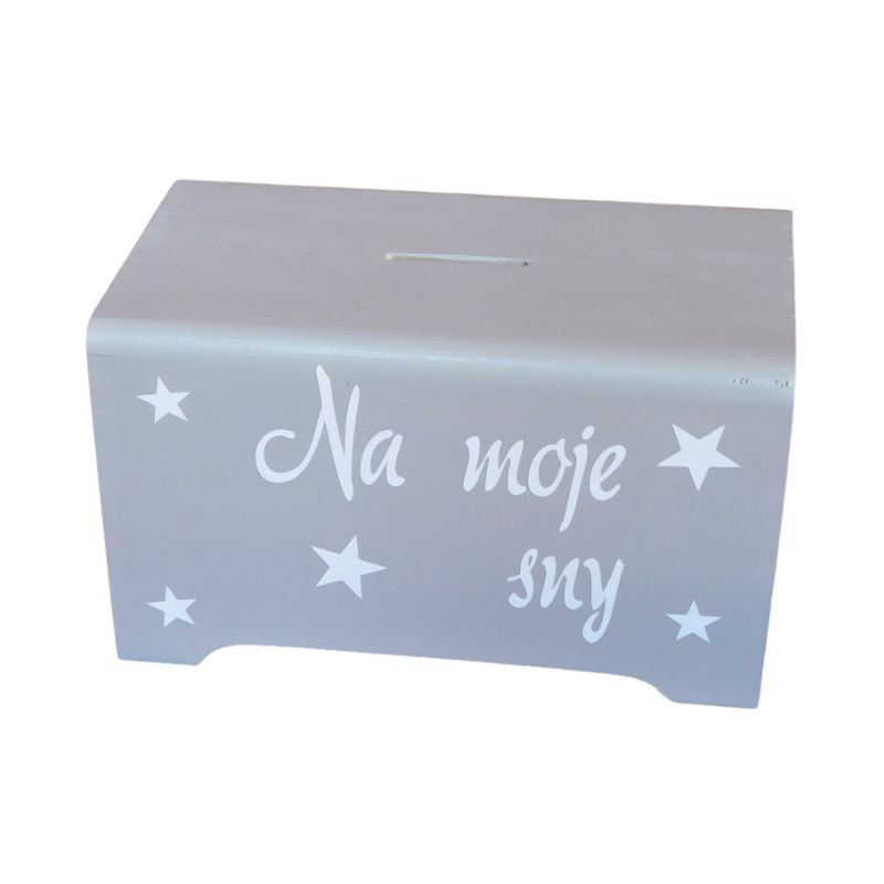 Šedá dřevěná pokladnička Na moje sny