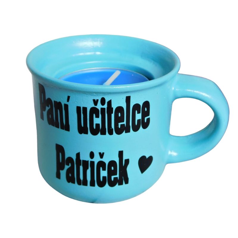 Svícen hrníček pro paní učitelku tyrkys