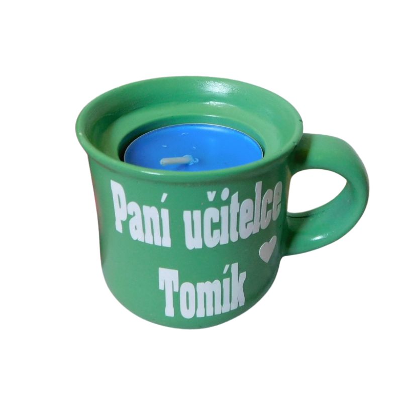 Svícen hrníček pro paní učitelku zelený smrčkový