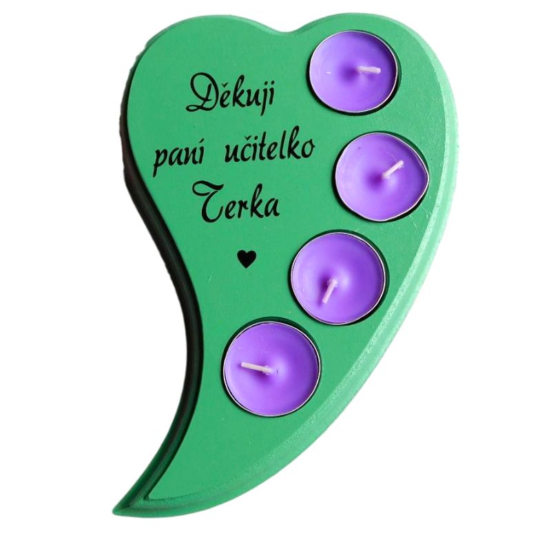 Dřevěný svícen Děkuji paní učitelko zelený, fialové svíčky