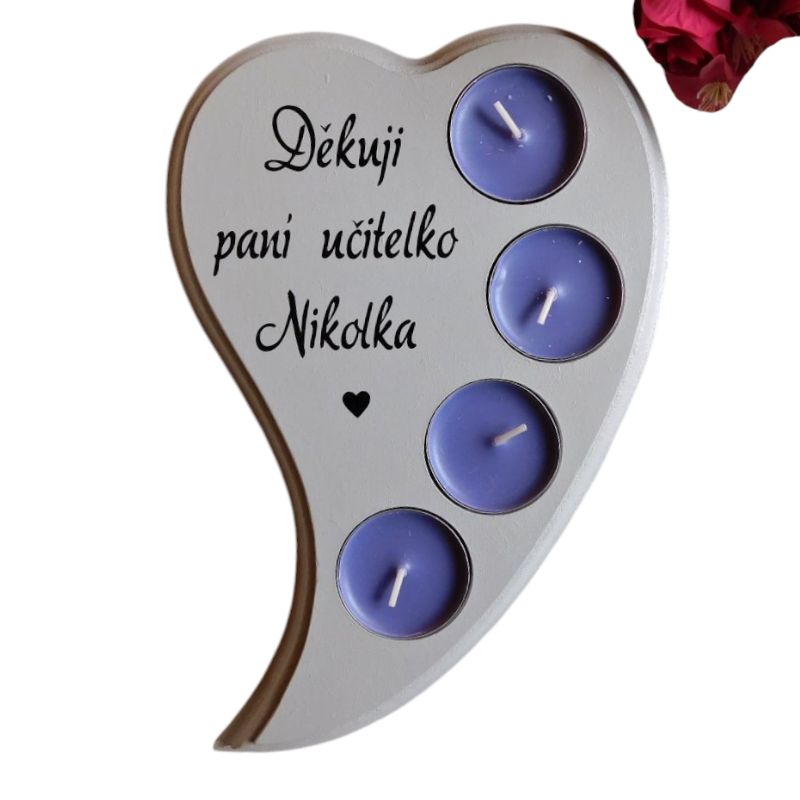 Dřevěný svícen Děkuji paní učitelko světle šedý