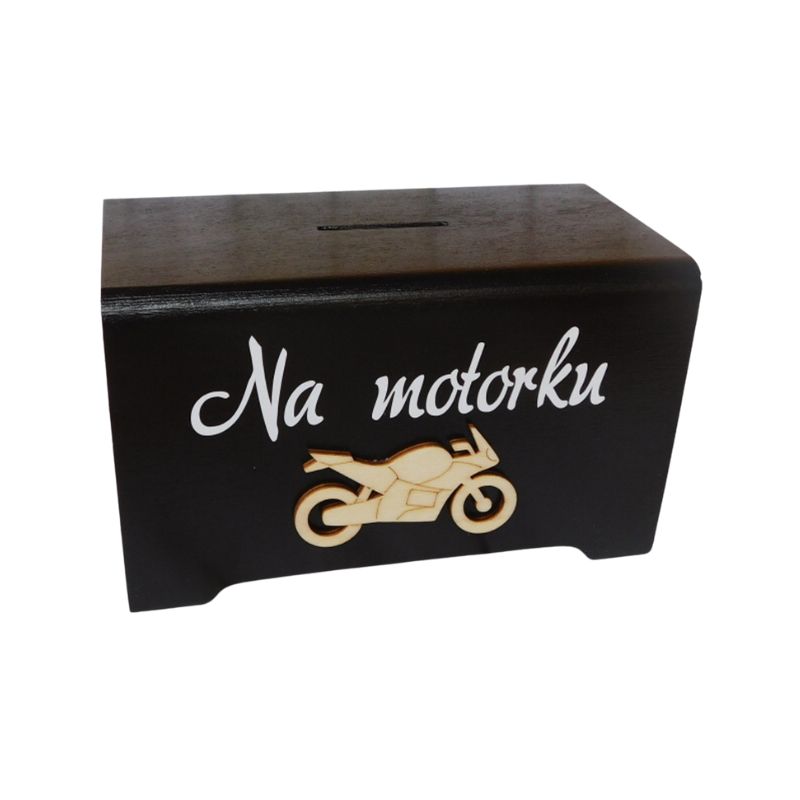 Dřevěná pokladnička na motorku