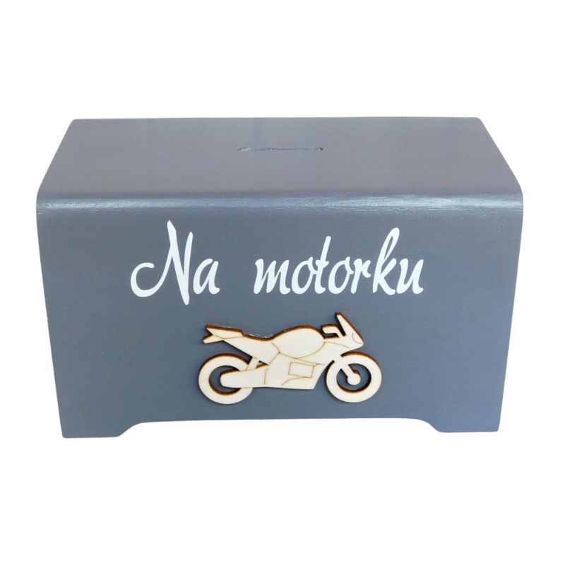 Dřevěná pokladnička Na motorku tmavě šedá