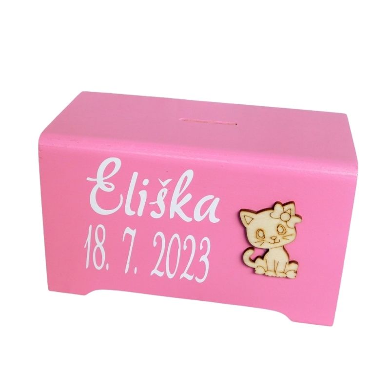Dřevěná pokladnička s údaji a kočičkou