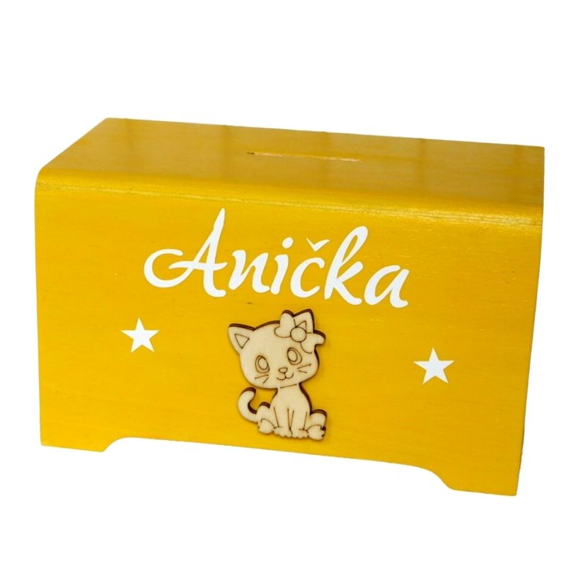 Dětská pokladnička žlutá s kočičkou a jménem Anička