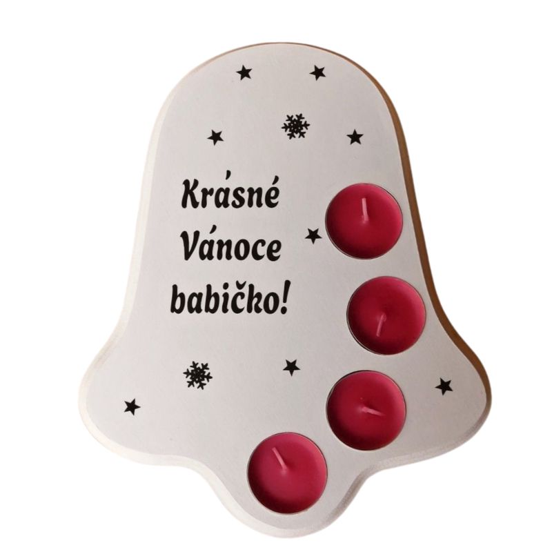 Dřevěný vánoční svícen zvonek Krásné Vánoce červené svíčky