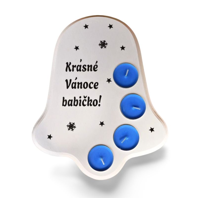Dřevěný vánoční svícen zvonek Krásné Vánoce modré svíčky