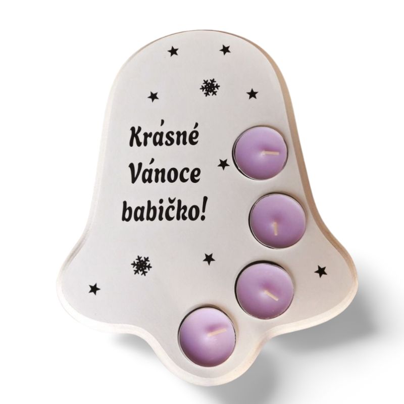 Dřevěný vánoční svícen zvonek Krásné Vánoce fialové svíčky