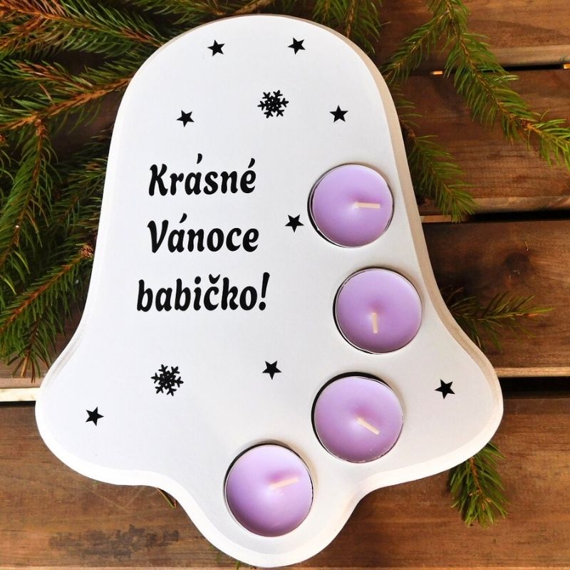 Dřevěný vánoční svícen zvonek Krásné Vánoce fialové svíčky