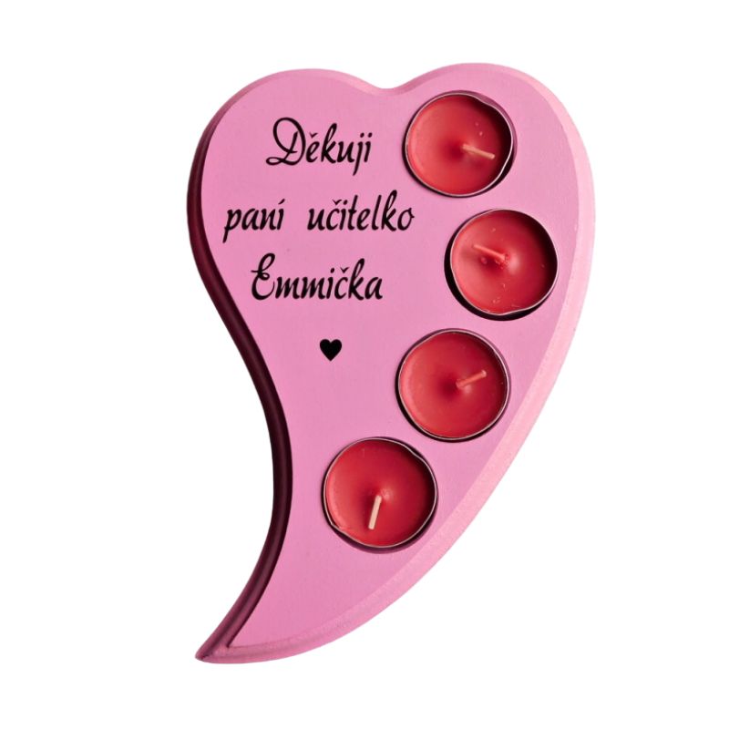 Dřevěný svícen Děkuji paní učitelko růžový, červené svíčky