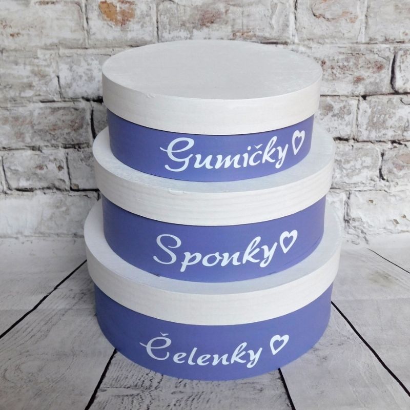 Dřevěné kulaté šperkovnice na sponky, gumičky a čelenky fialové