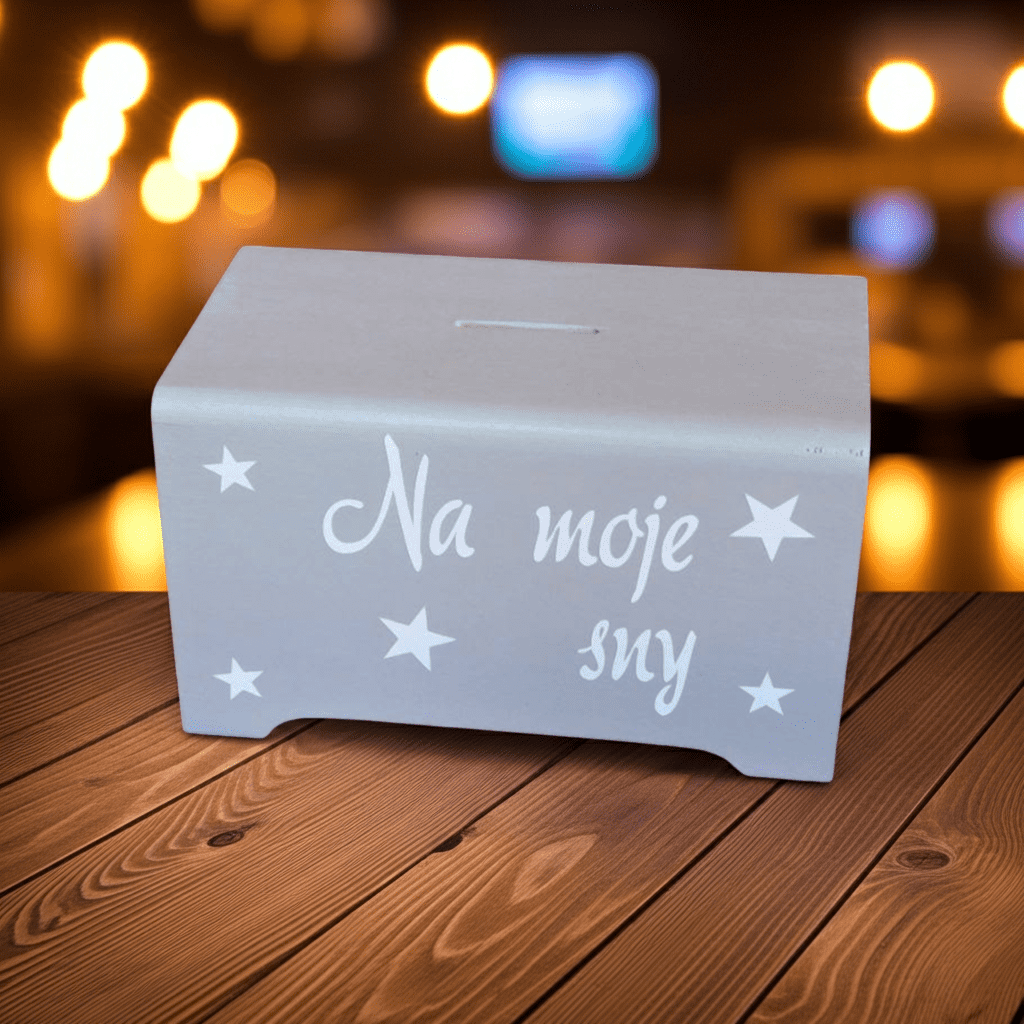 Šedá dřevěná pokladnička Na moje sny