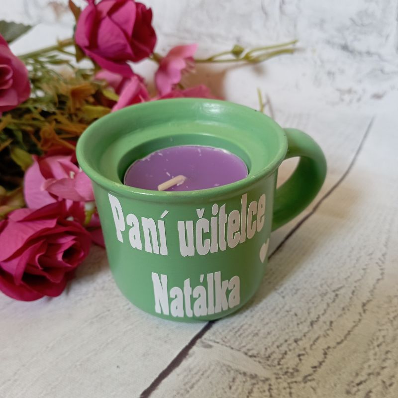 Svícen hrníček pro paní učitelku zelený smrčkový