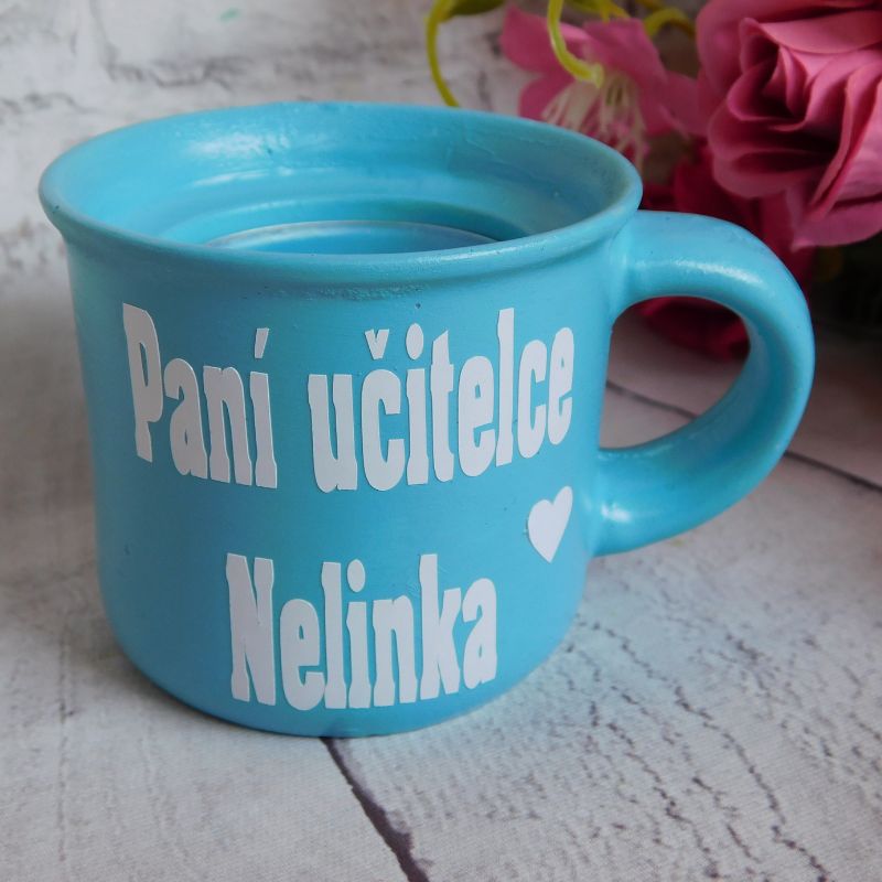 Svícen hrníček pro paní učitelku tyrkys