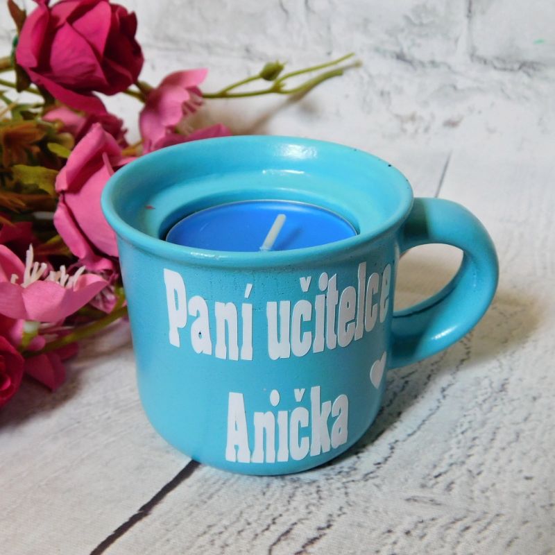 Svícen hrníček pro paní učitelku tyrkys