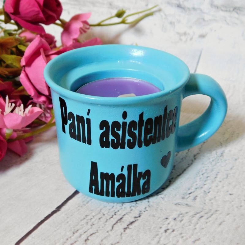 Svícen hrníček pro paní asistentku tyrkys