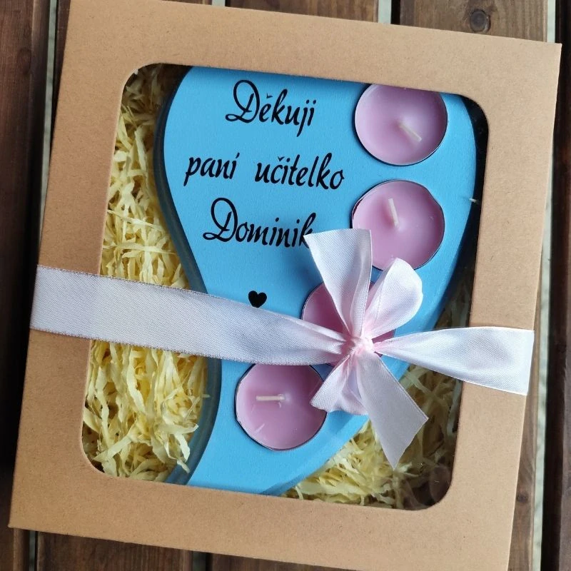 Dřevěný svícen Děkuji paní učitelko světle modrý