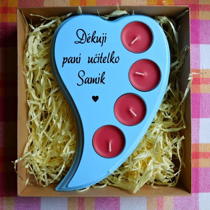 Dřevěný svícen Děkuji paní učitelko světle modrý