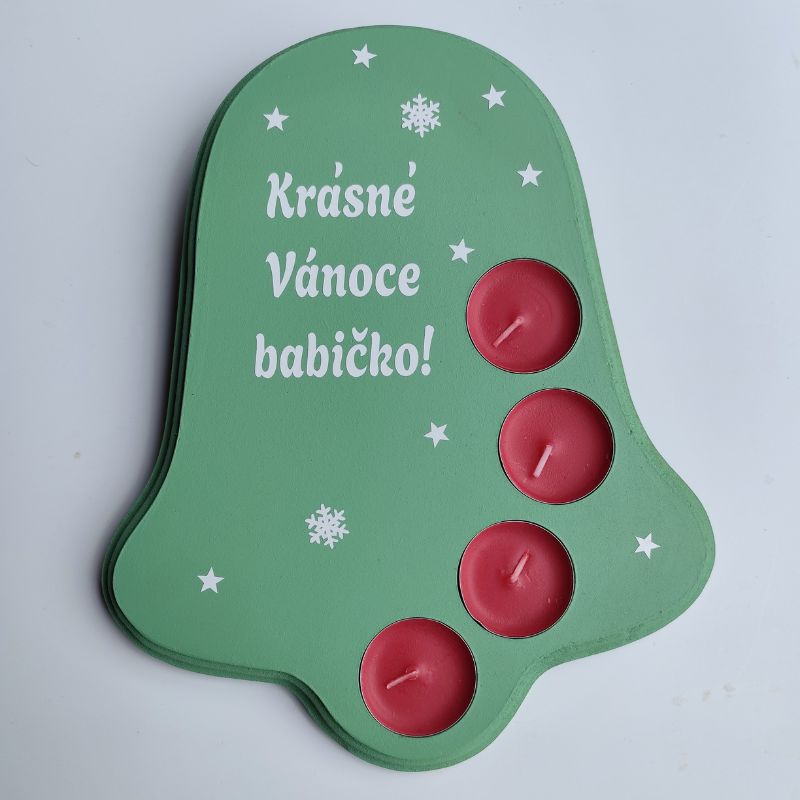 Dřevěný vánoční svícen zvonek Krásné Vánoce červené svíčky