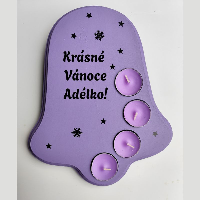 Dřevěný vánoční svícen zvonek Krásné Vánoce fialové svíčky