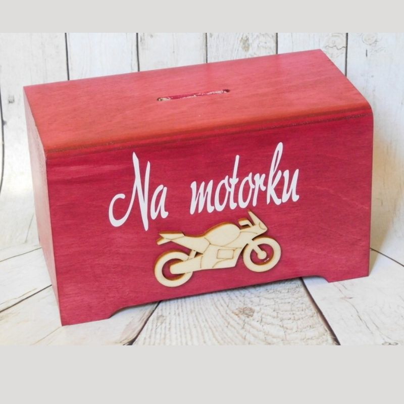 Dřevěná pokladnička Na motorku - vínová