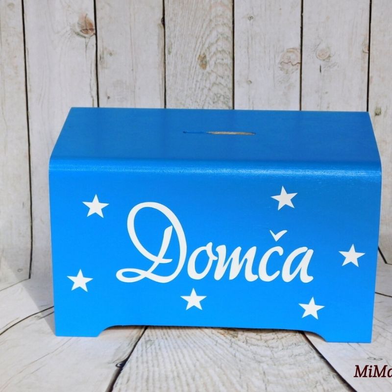 Pokladnička pro děti se jménem a hvězdičkami modrá