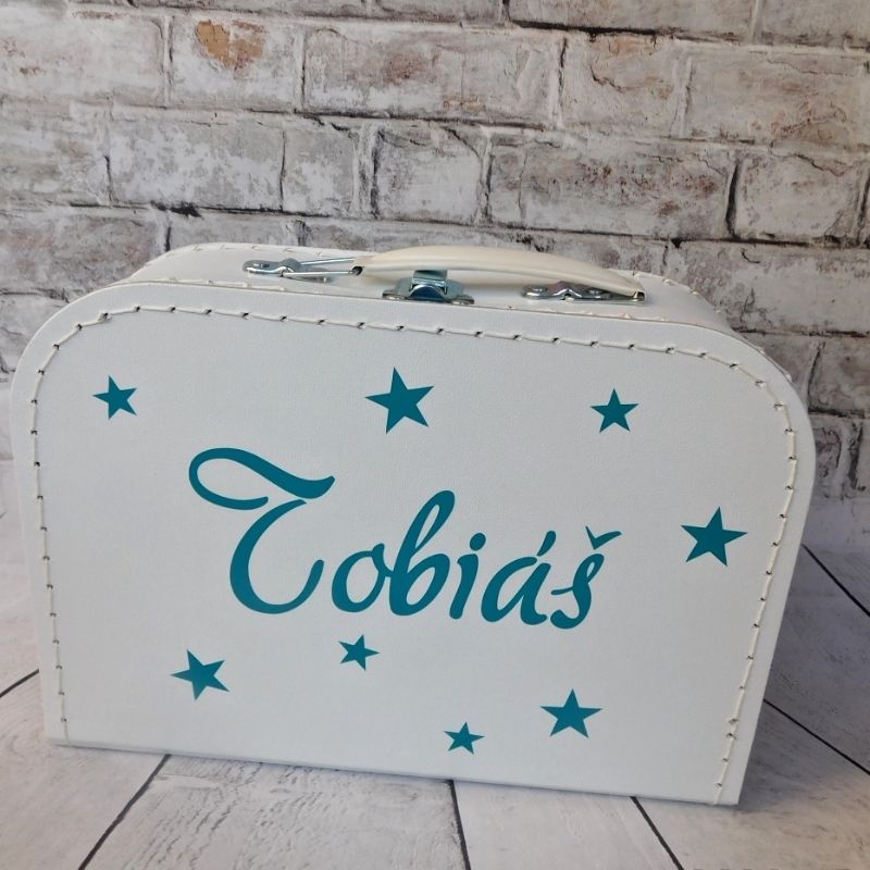 Dětský kufřík se jménem na přání bílý, modré písmo