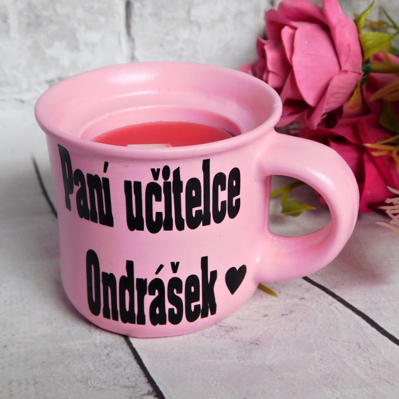 Svícen hrníček pro paní učitelku růžový 