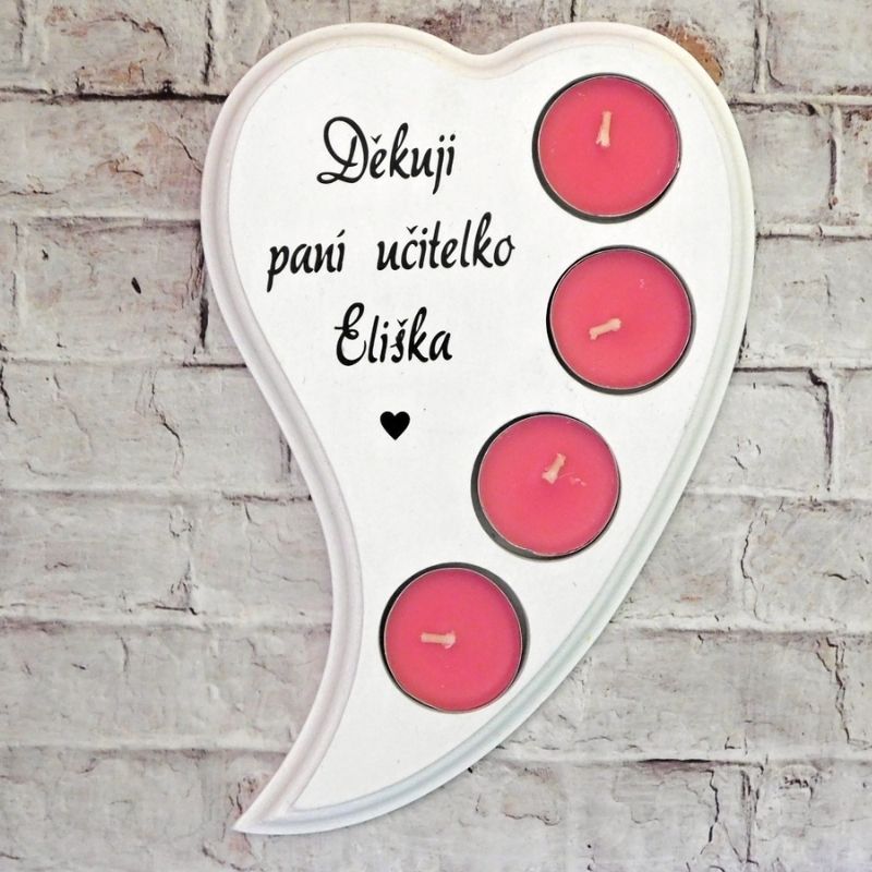Dřevěný svícen Děkuji paní učitelko bílý, růžové svíčky