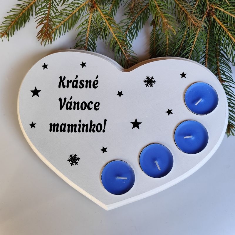 Dřevěný vánoční svícen srdce Krásné Vánoce modré svíčky
