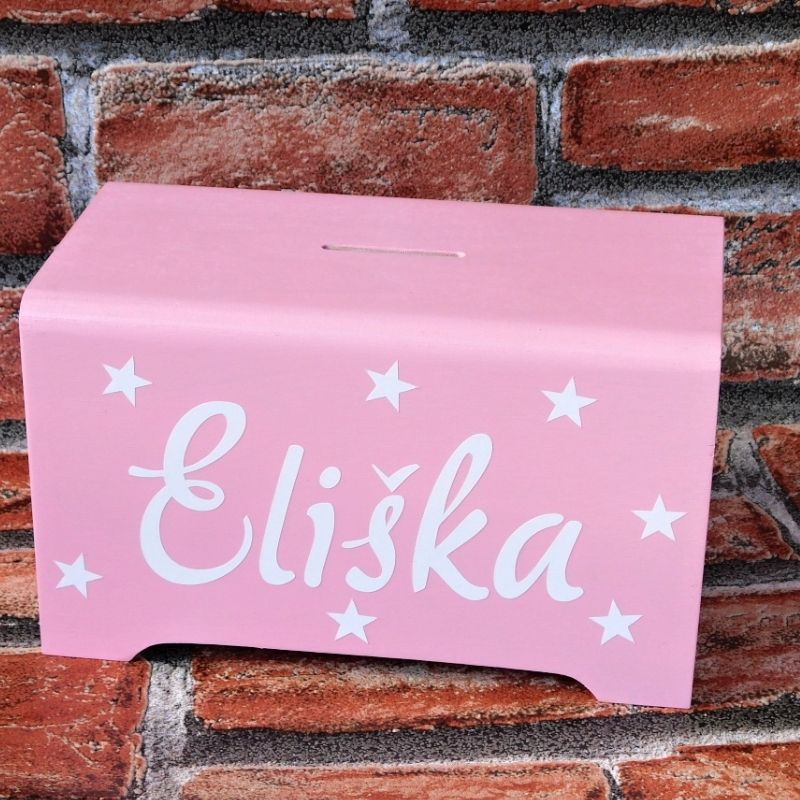 Velká dřevěná pokladnička pro děti růžová