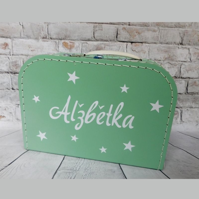 Kartonový kufřík se jménem mintový