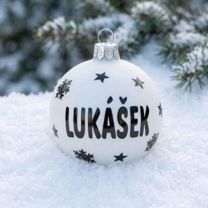 Vánoční baňka se jménem v dárkové krabičce - bílá