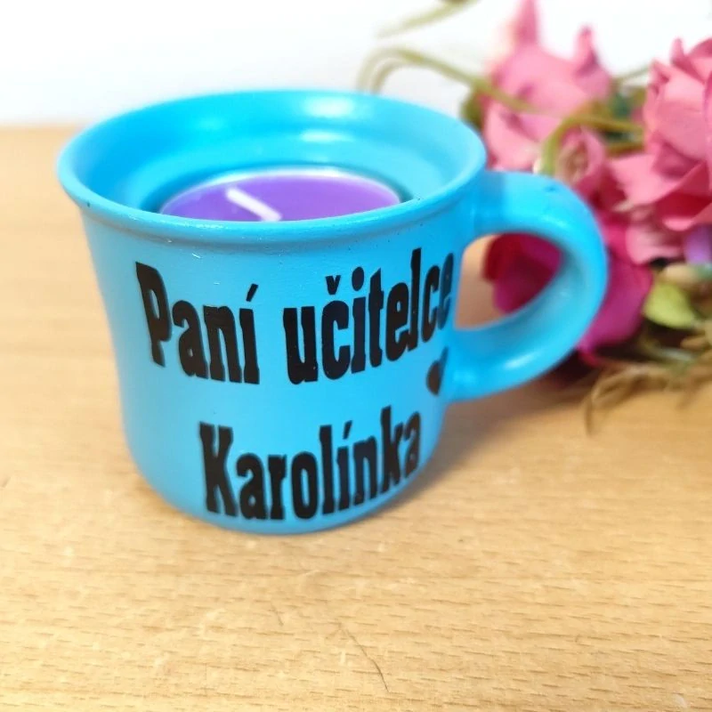 Svícen hrníček pro paní učitelku tyrkys