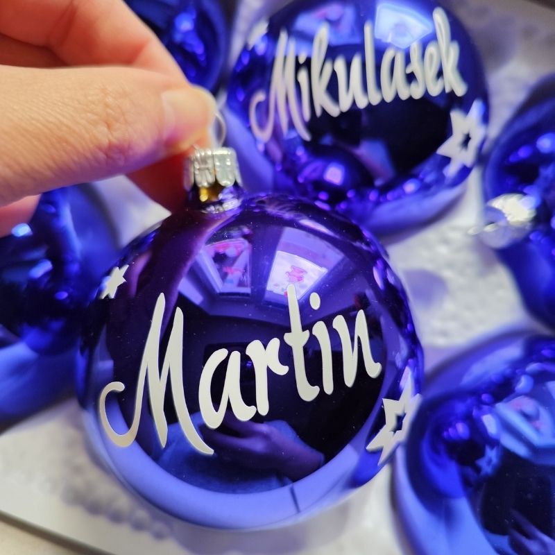 Skleněná vánoční ozdoba NA PŘÁNÍ - modrá lesk 8 cm