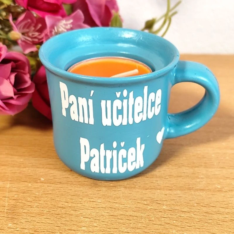 Svícen hrníček pro paní učitelku tyrkys