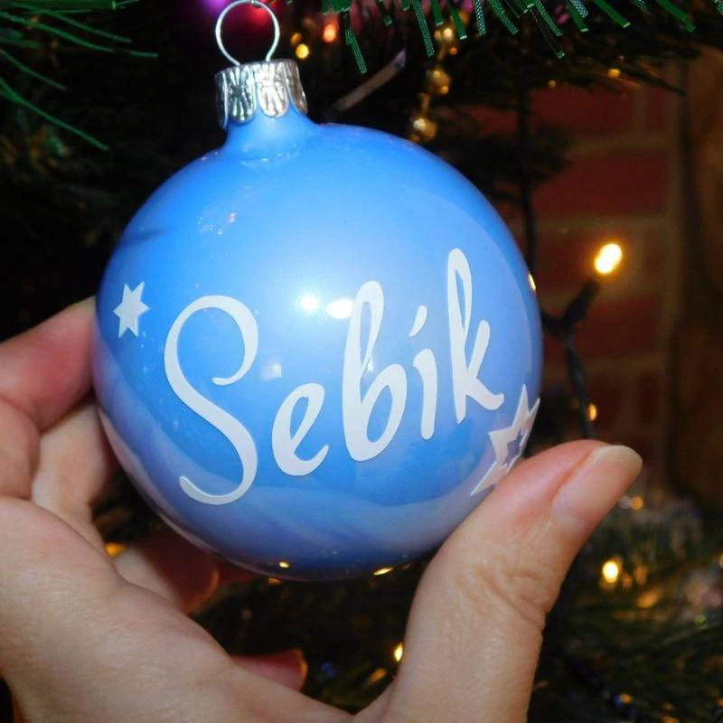 Skleněná vánoční baňka se jménem - blankyt modrá LESK 7cm