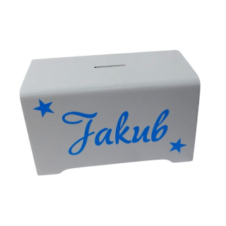 Dřevěná dětská pokladnička se jménem světle šedá