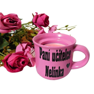Svícen hrníček pro paní učitelku fialovorůžový, černé písmo