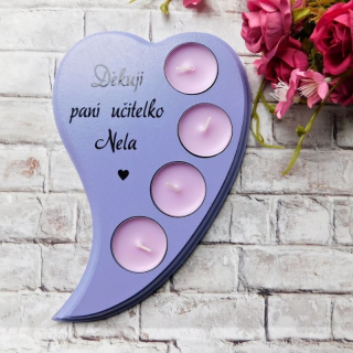 Dřevěný svícen Děkuji paní učitelko fialový, fialové svíčky