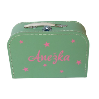 Kartonový kufřík se jménem mintový růžové písmo