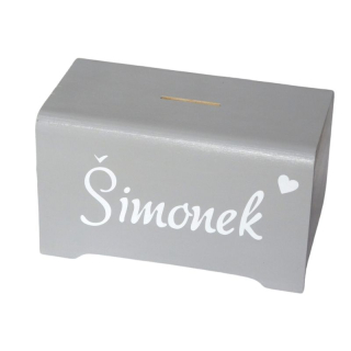 Dřevěná pokladnička se jménem světle šedá