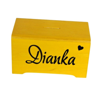 Dřevěná pokladnička se jménem žlutá