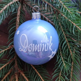 Skleněná vánoční baňka se jménem - blankyt modrá LESK 7cm